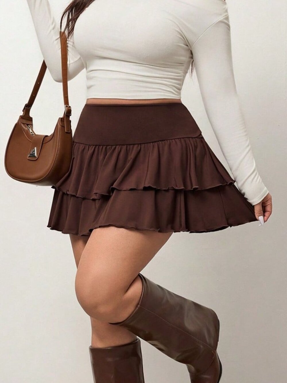 Chocolate Brown Women's Plus Size Tiered Low Waisted Mini A-Line Skirt - Picture 4 of 6